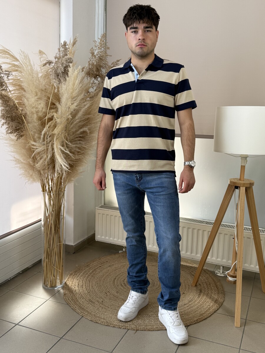 Galléros csíkos póló - sötétkék-bézs - Kép 3