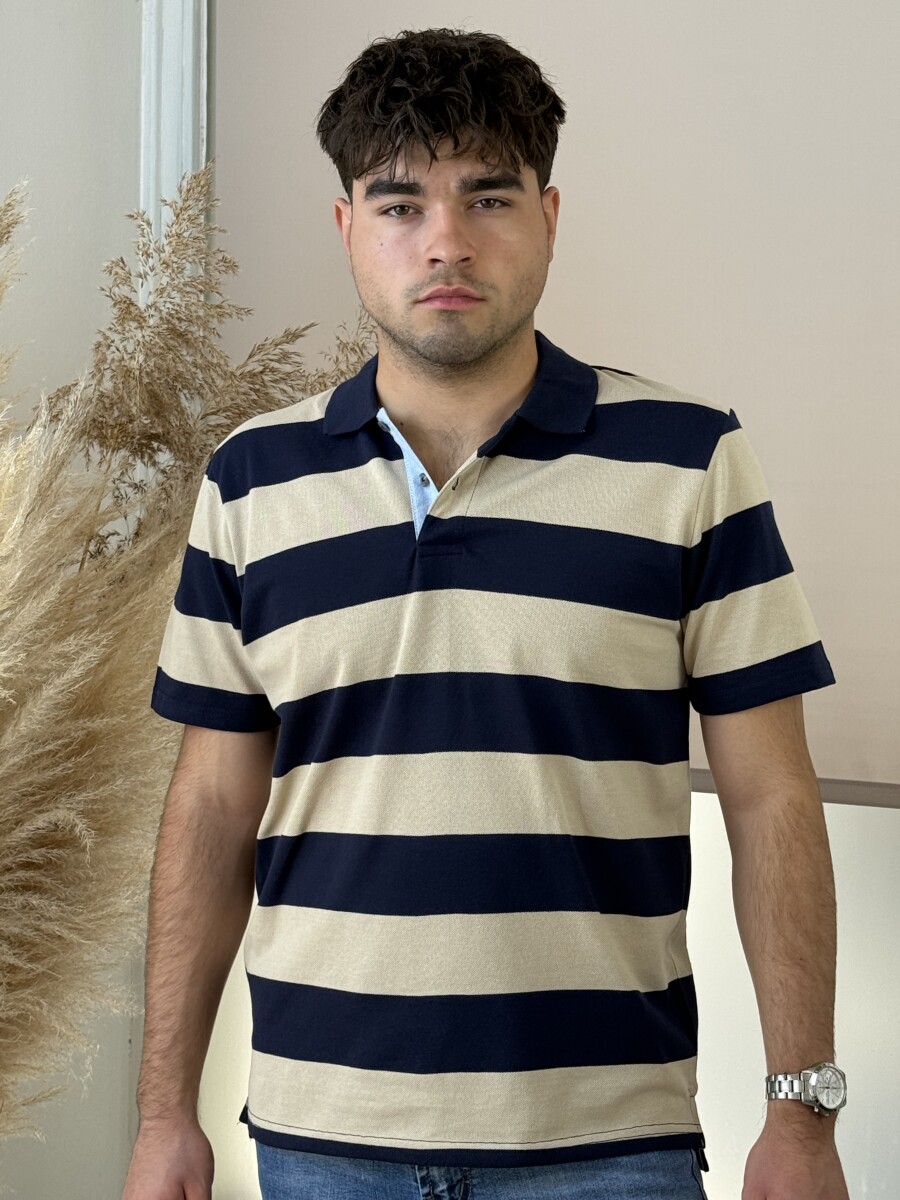 Galléros csíkos póló - sötétkék-bézs - Kép 7