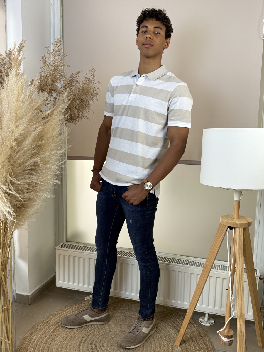 Galléros csíkos póló - bézs-fehér - Kép 3