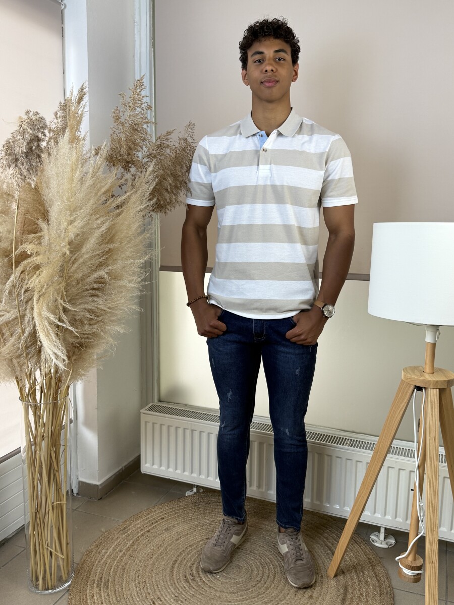 Galléros csíkos póló - bézs-fehér - Kép 8