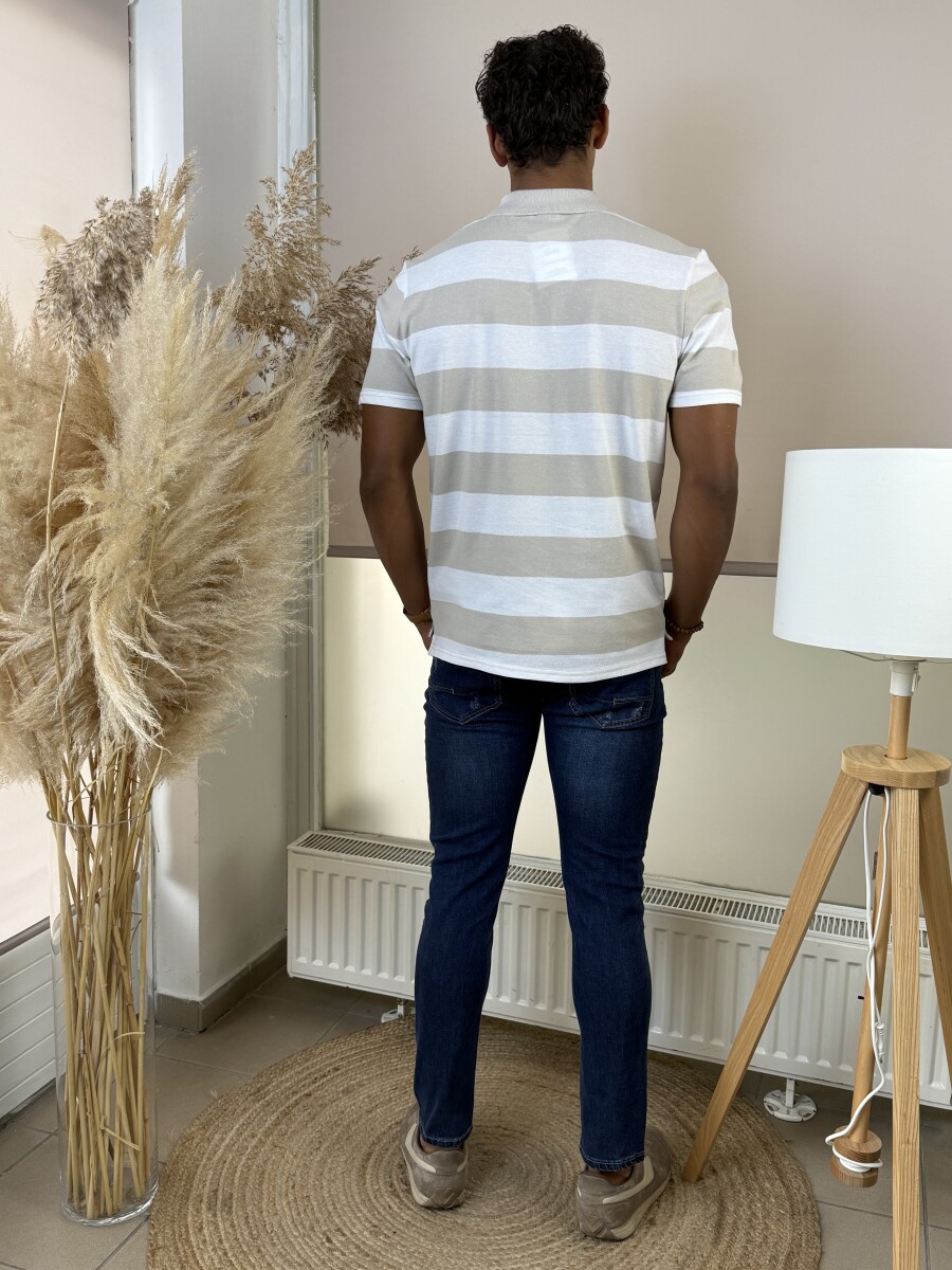 Galléros csíkos póló - bézs-fehér - Kép 9