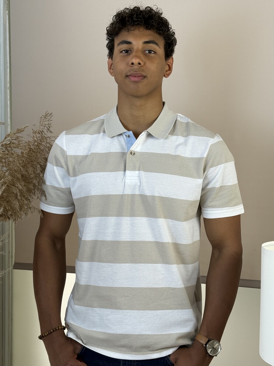 Galléros csíkos póló - bézs-fehér - Kép 1